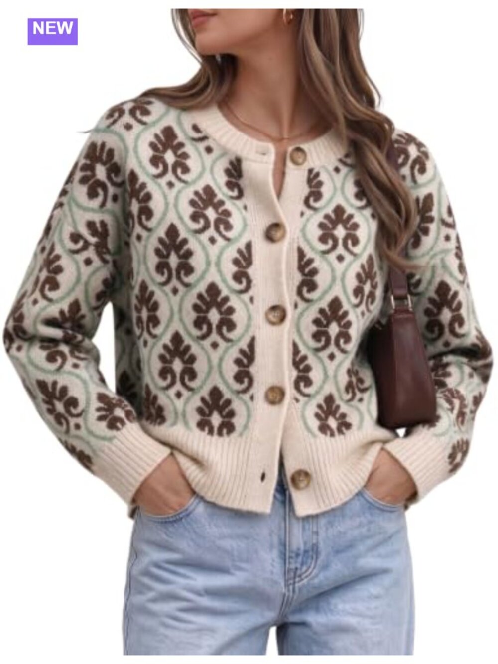 Women Floral Knit Cardigan Open Front Long Sleeve Button Down Sweater